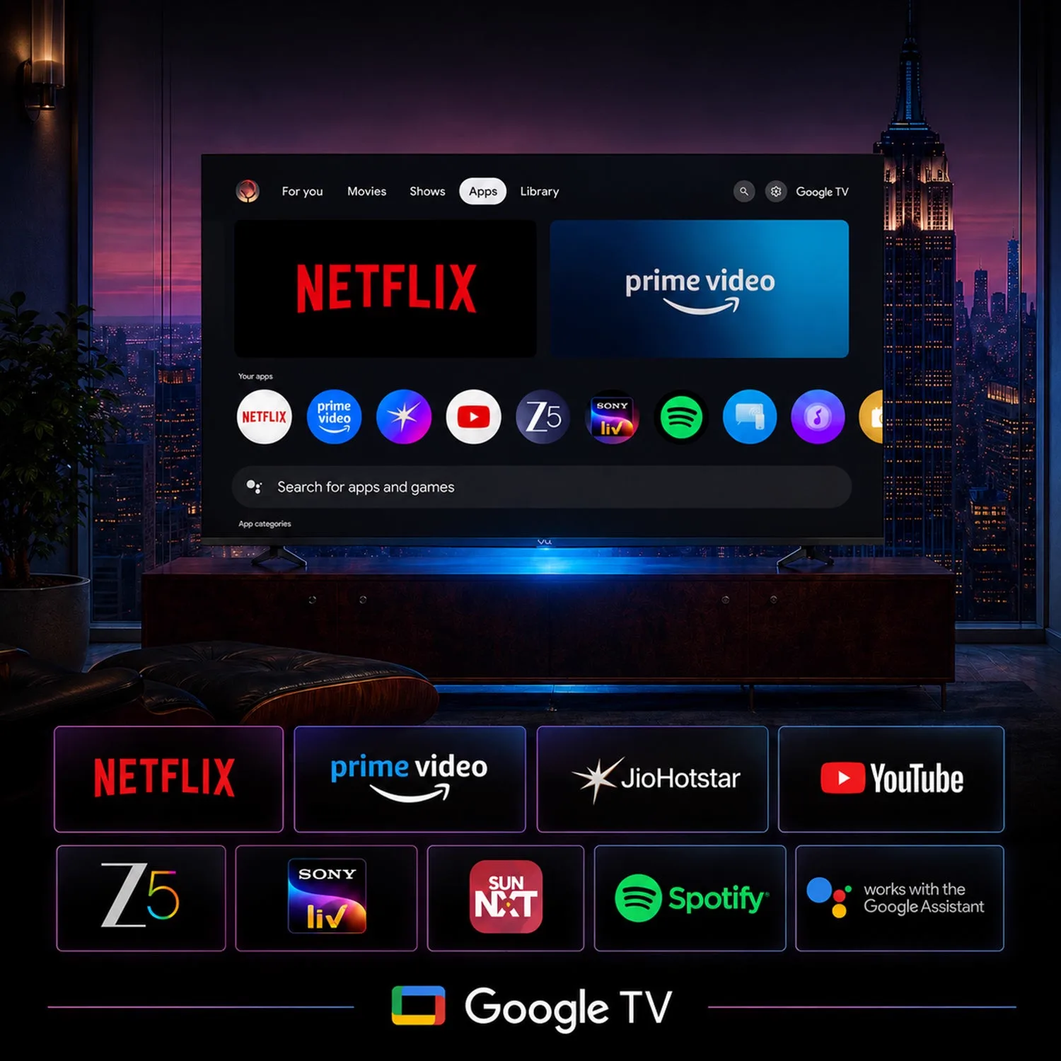 Google TV interface on Vu Glo DV TV with Gemini Netflix Prime Video YouTube and streaming apps